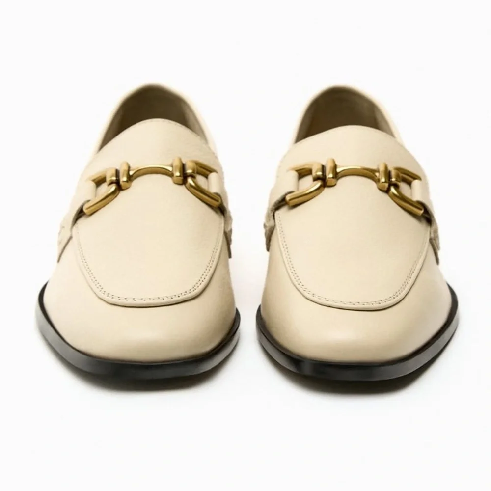 NWT. Zara Cream Soft Leather Loafers with Metal Buckle. Size 10.
